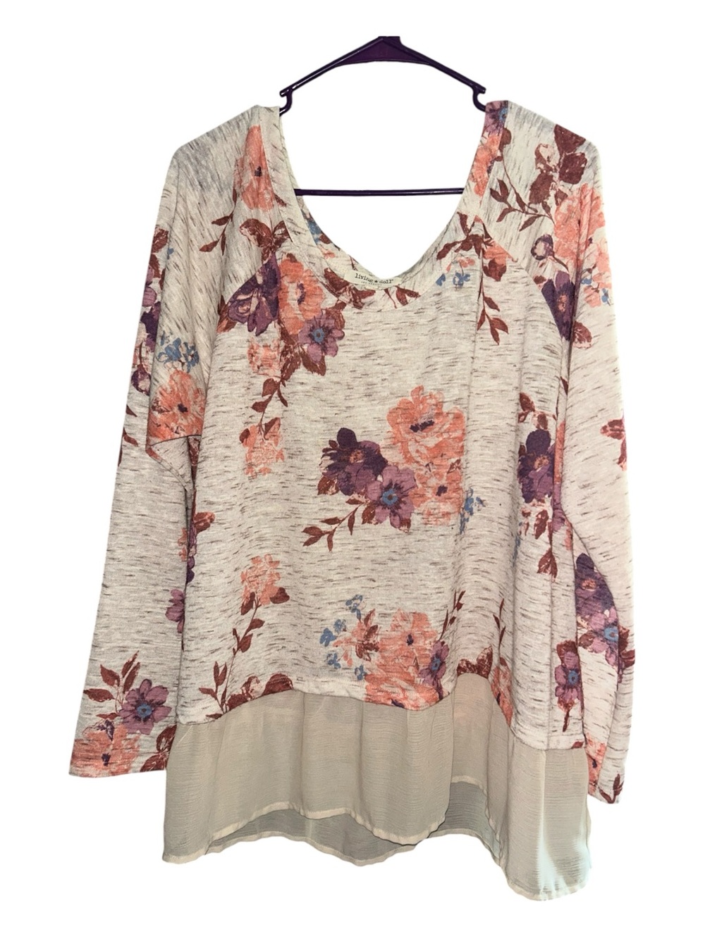 living doll Cream Floral Scoop-Neck Top with Pink & Purple Blossoms
